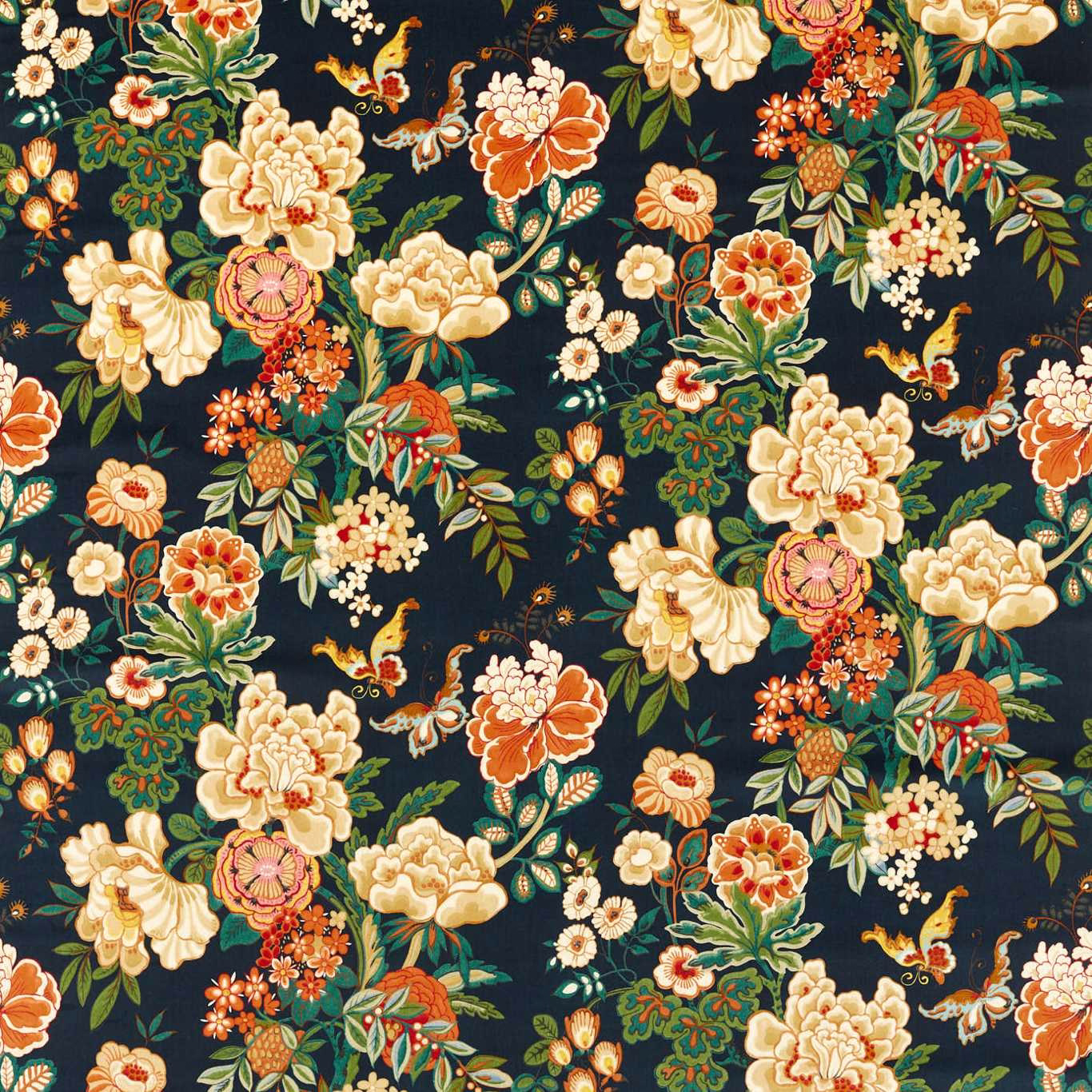 Dark navy floral fabric with large cream, apricot and teal peonies
