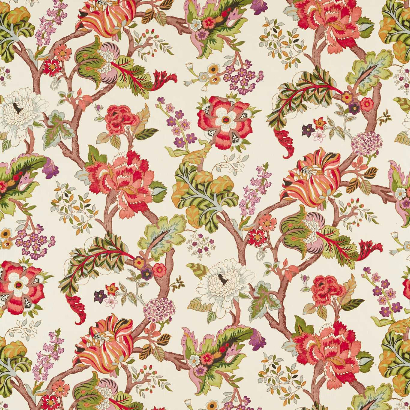Cream fabric with winding tree branches, red blooms and green leaves
