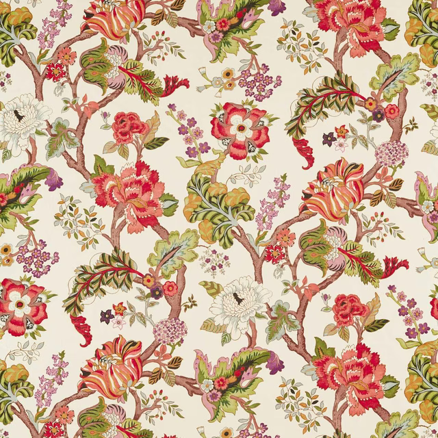 Cream fabric with winding tree branches, red blooms and green leaves