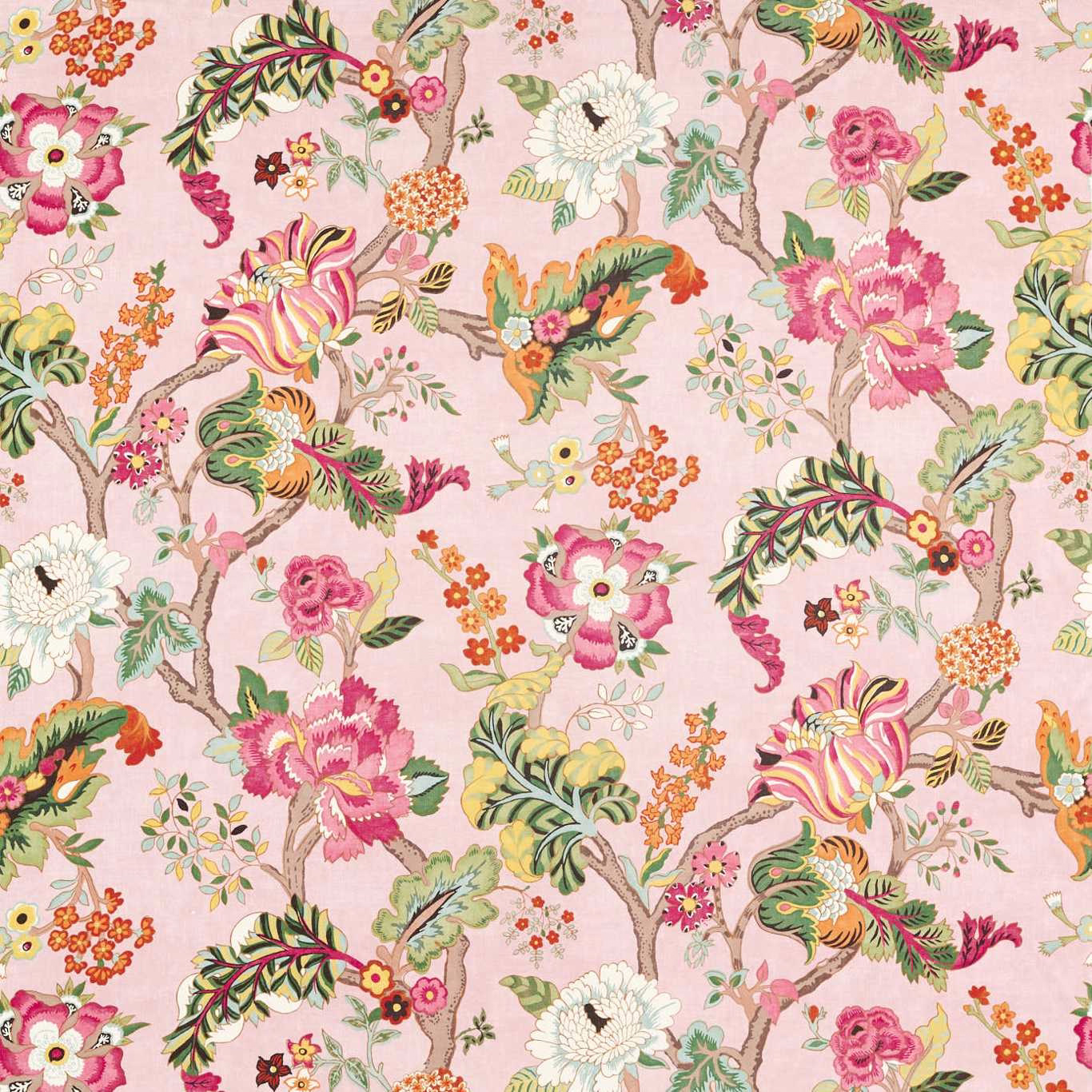Pink-blush floral fabric with branching trees, painterly leaves and large blooms