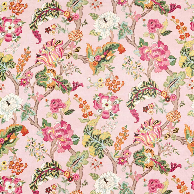 Pink-blush floral fabric with branching trees, painterly leaves and large blooms