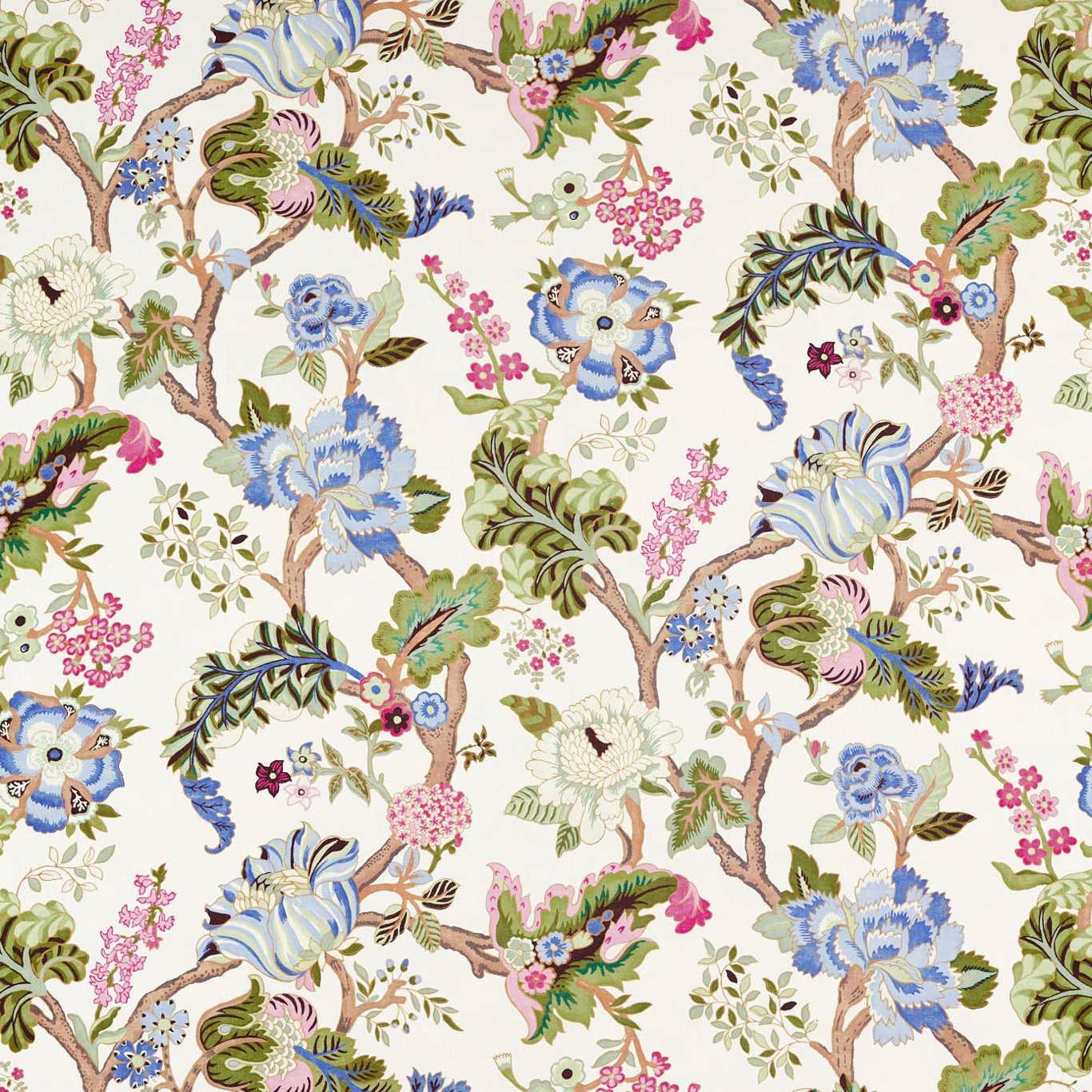 Large floral and tree motif on a light ground with peacock blue blooms and green leaves