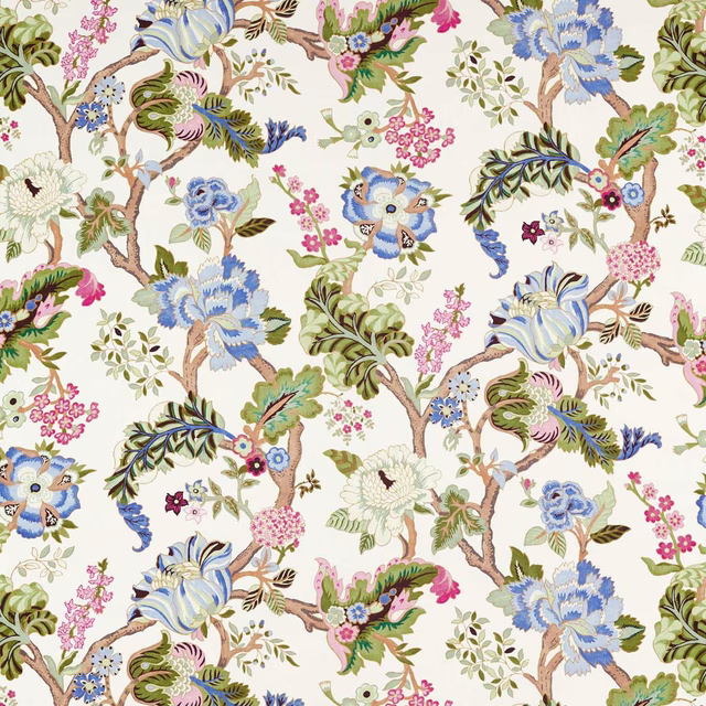 Large floral and tree motif on a light ground with peacock blue blooms and green leaves