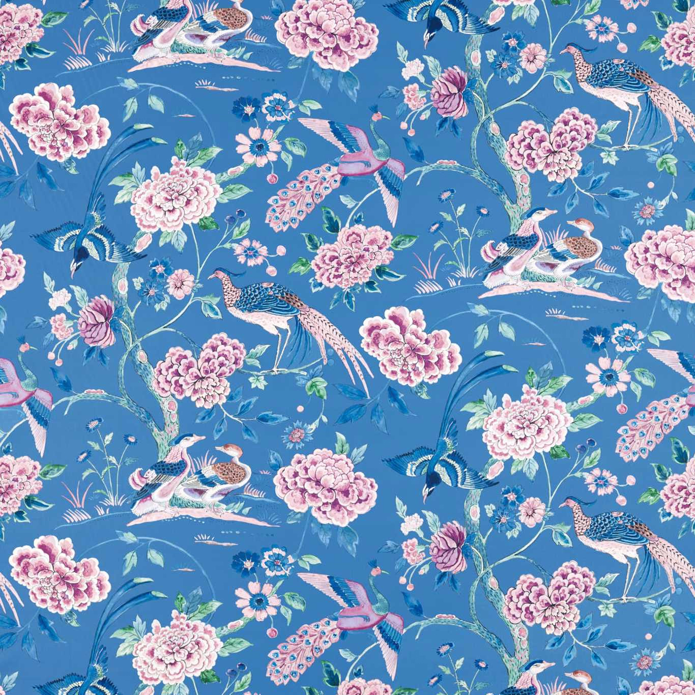 Bright peacock blue fabric with pink flowers and birds in a large-scale print