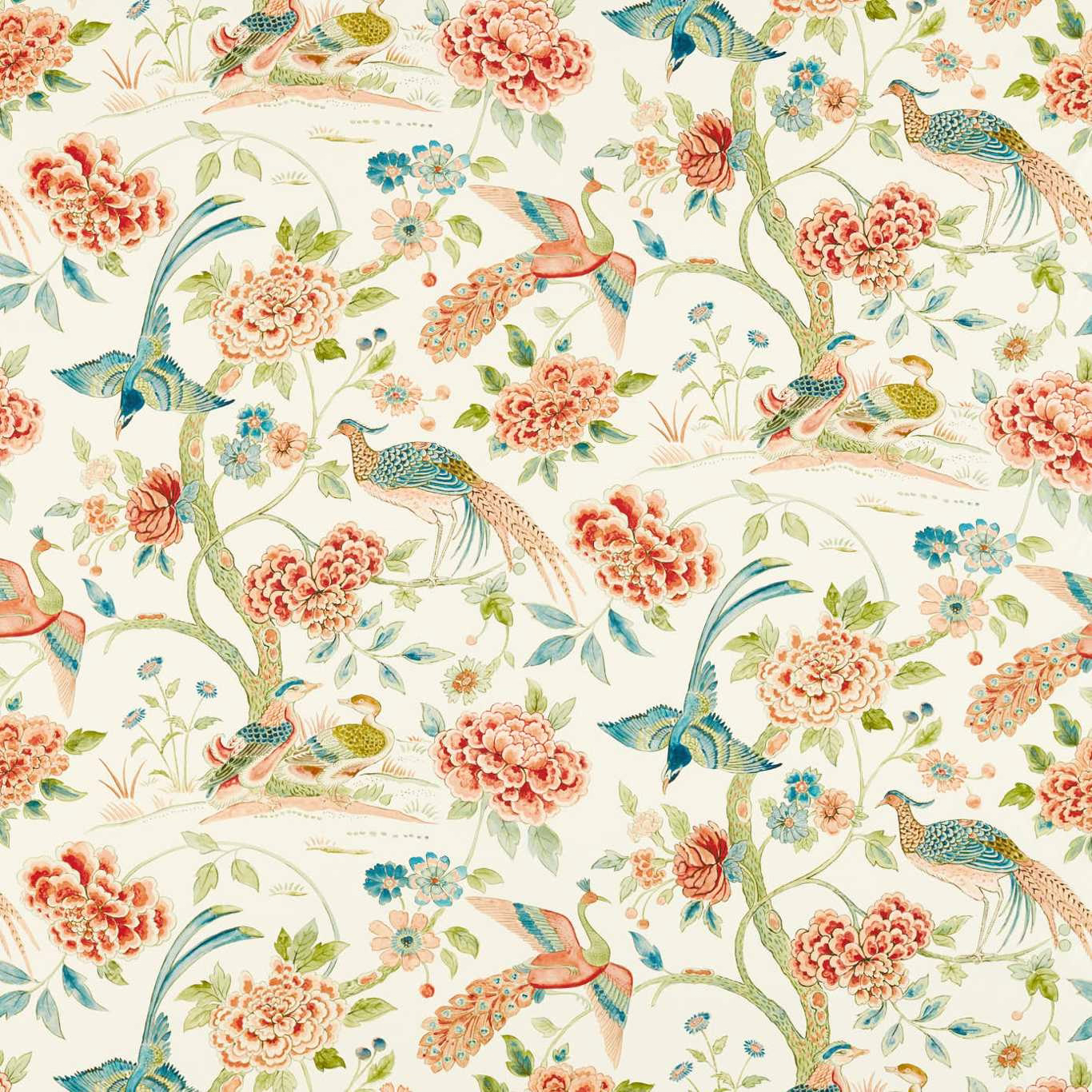 Cream fabric with peacocks, blossom sprays and cinnabar red floral motifs