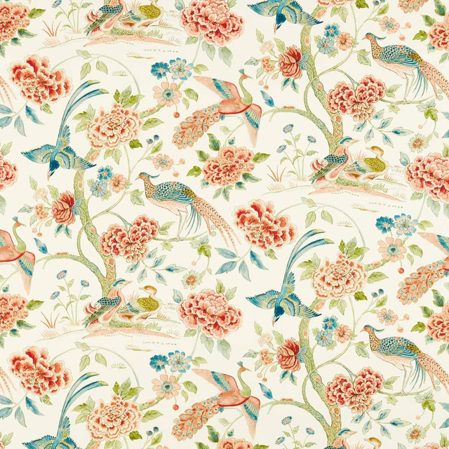 Cream fabric with peacocks, blossom sprays and cinnabar red floral motifs
