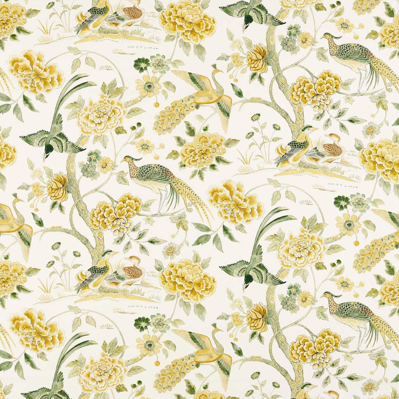 Printed fabric swatch with yellow peacocks, floral branches and an ivory ground