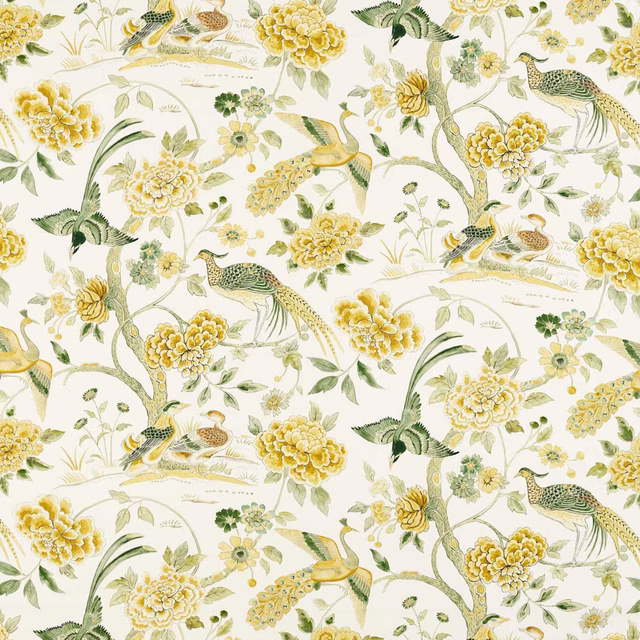 Printed fabric swatch with yellow peacocks, floral branches and an ivory ground