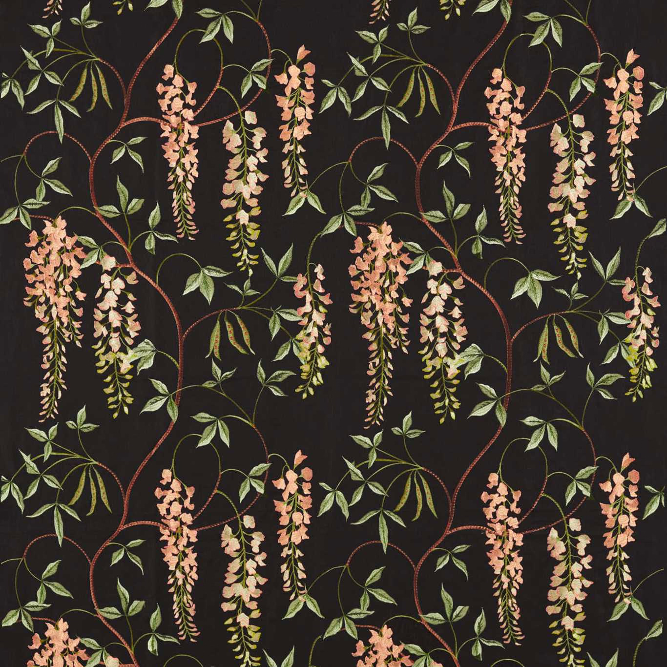 Dark floral fabric with trailing blossom sprays, green leaves and vine stems