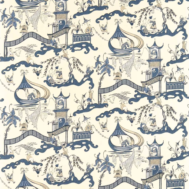 Indigo blue pagoda and river scenic fabric on a cream ground