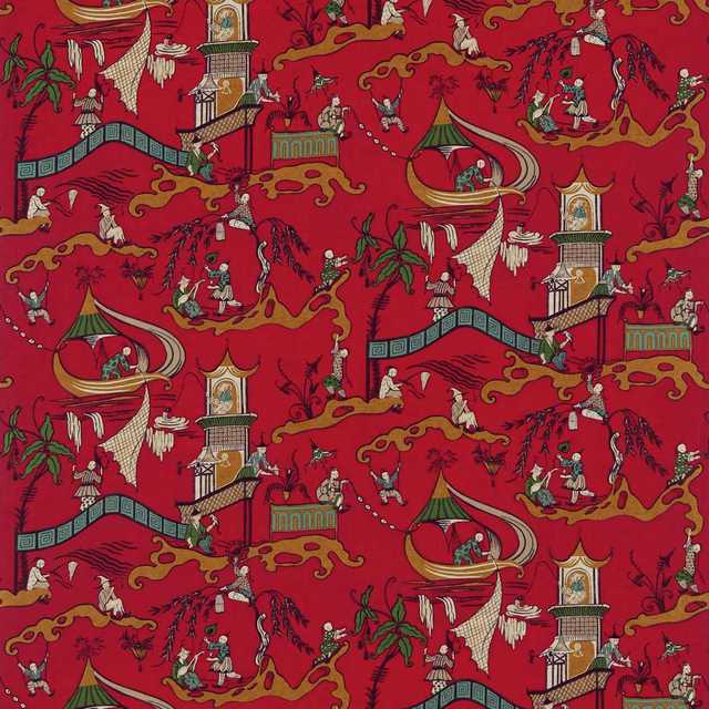 Bright red printed fabric with gold pagodas, figures and scrolling motifs