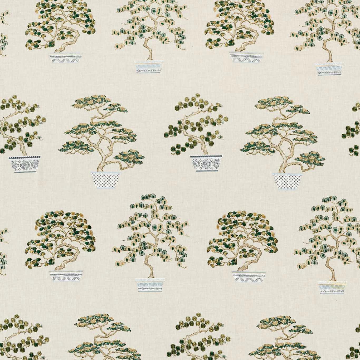 Cream fabric swatch with scattered bonsai trees in scallion green and gold