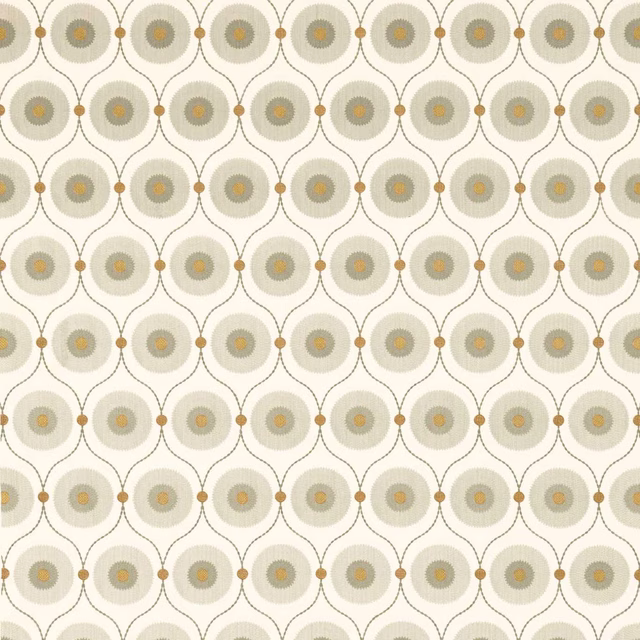 Pewter and gold circular geometric fabric on a pale ivory ground