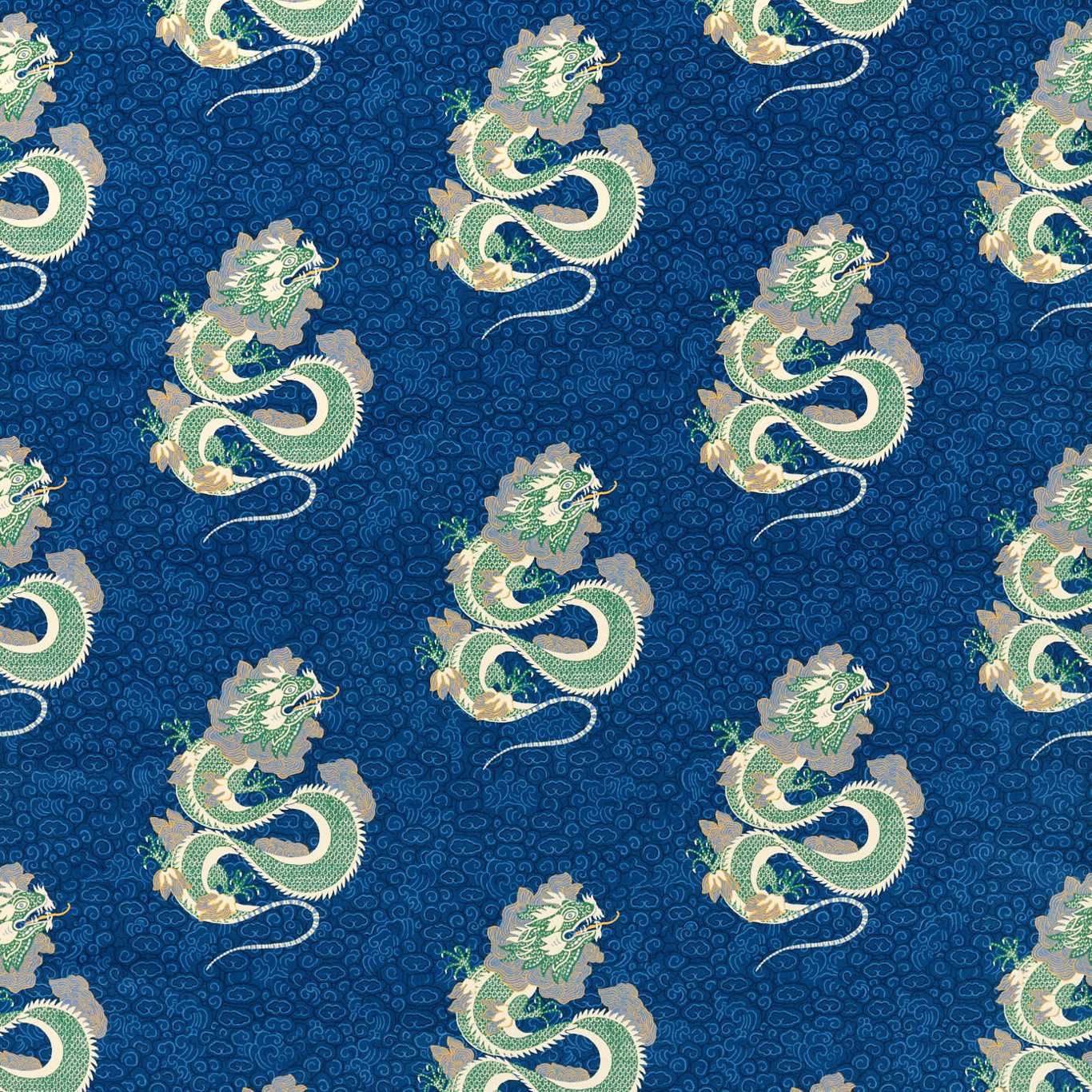 Emperor blue dragon-patterned fabric with cream and emerald motifs