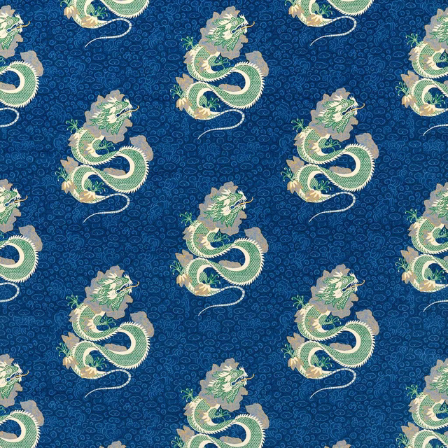 Emperor blue dragon-patterned fabric with cream and emerald motifs