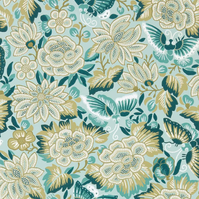 Mint and turquoise wallpaper with cream flowers, olive leaves and small birds
