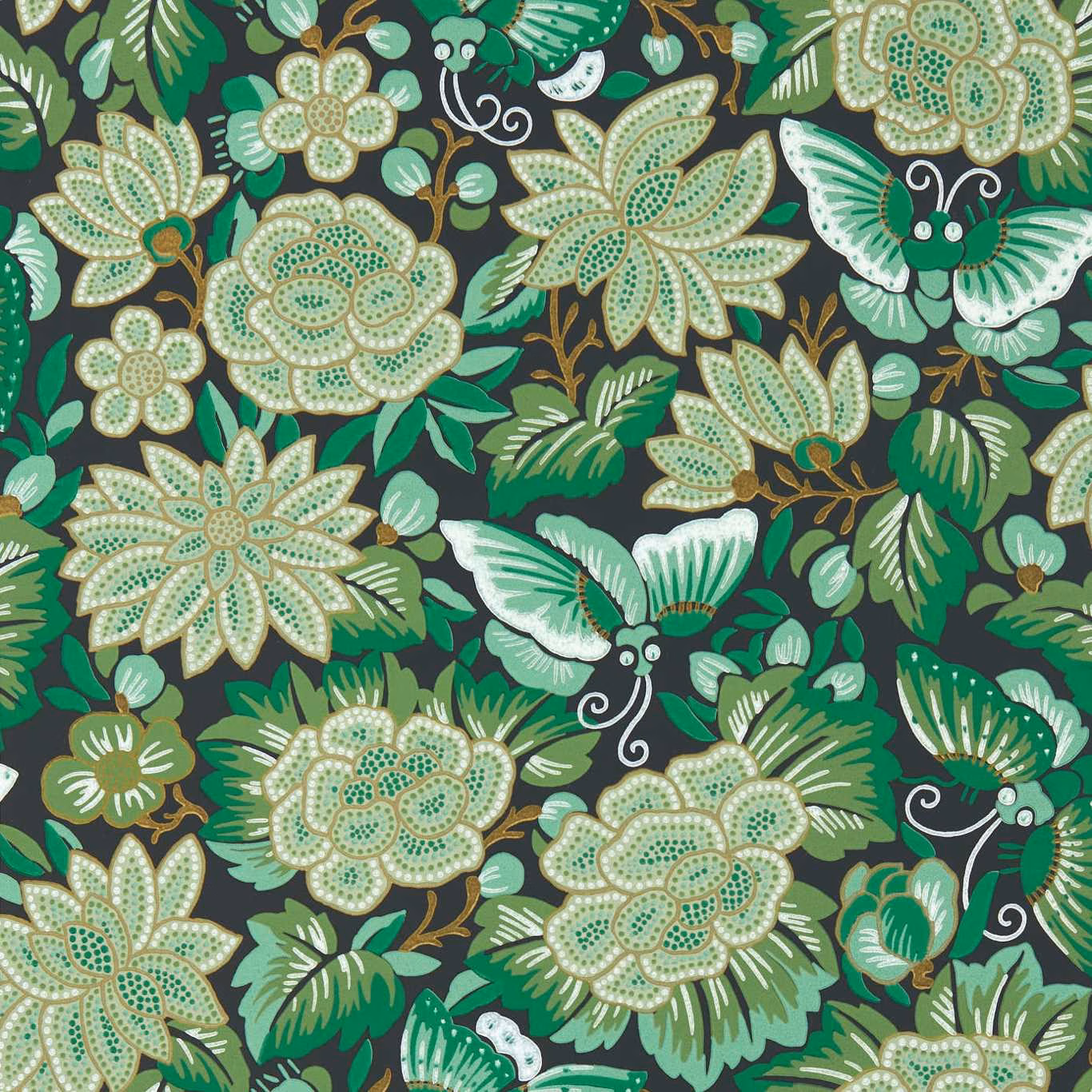 Emerald butterflies and pale flowers on an ink-black botanical wallpaper ground