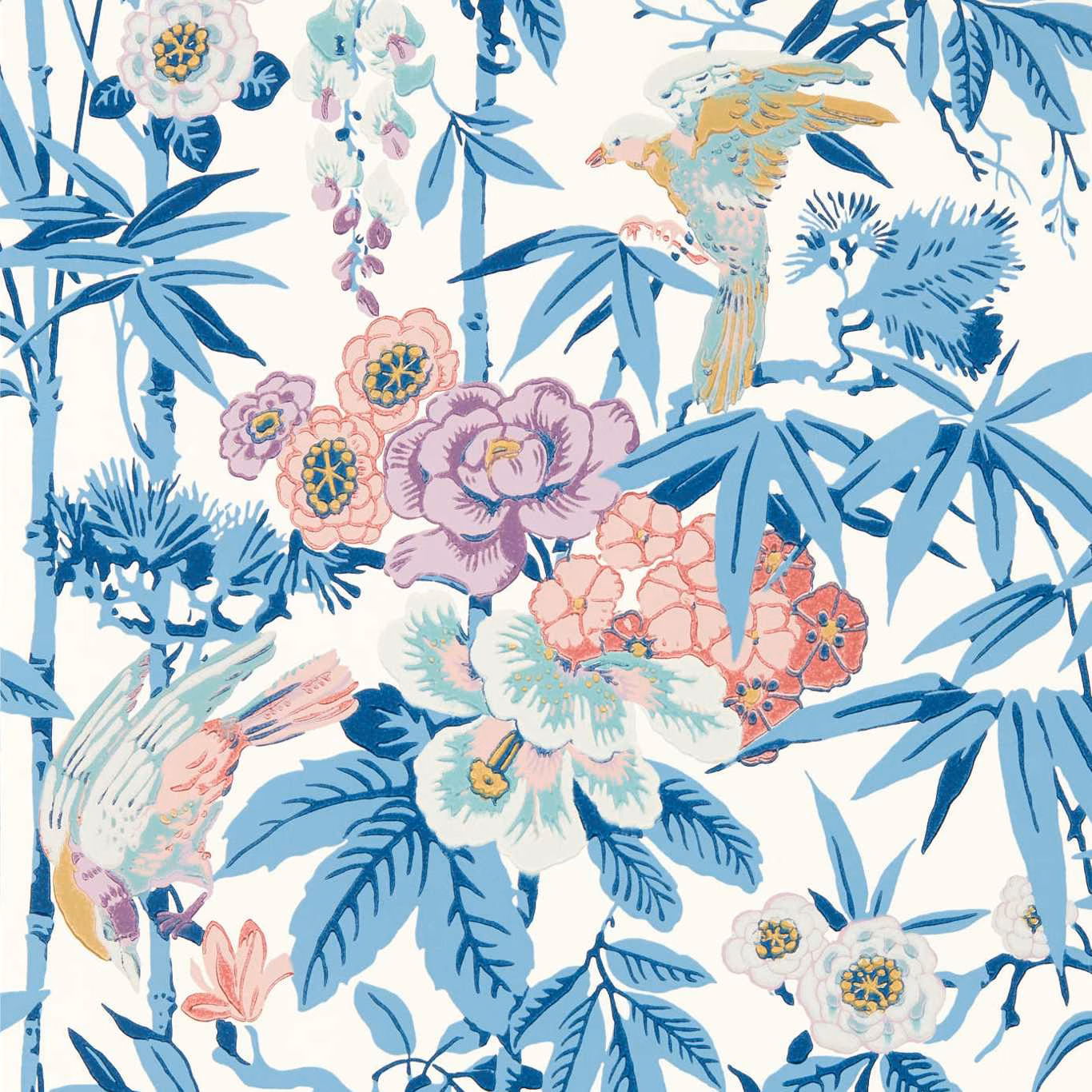 China blue bamboo, lotus pink flowers and perched birds on a cream wallpaper ground
