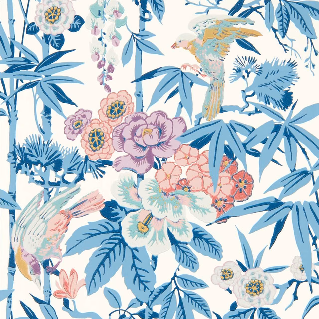 China blue bamboo, lotus pink flowers and perched birds on a cream wallpaper ground