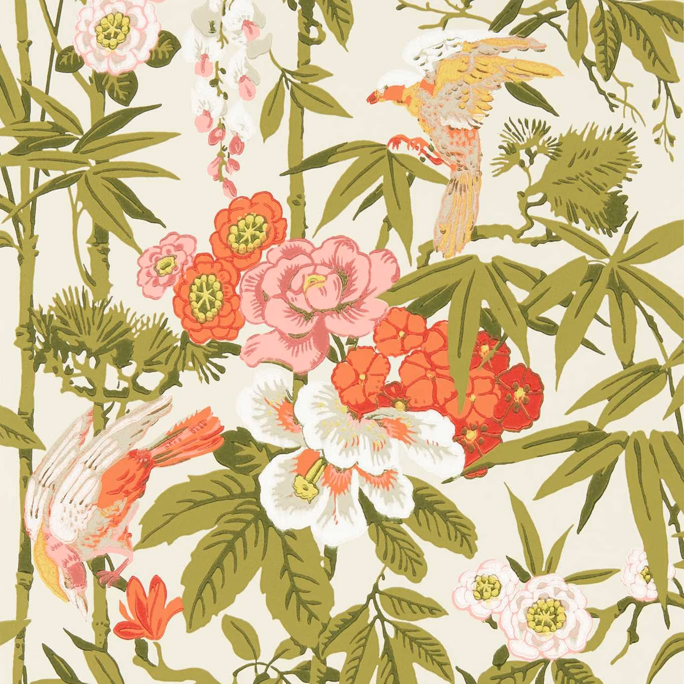 Cream wallpaper with mandarin flowers, olive bamboo leaves and two illustrated birds