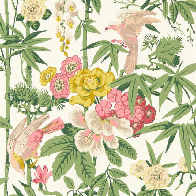 Scallion green bamboo, pink and yellow flowers, and perched birds on cream