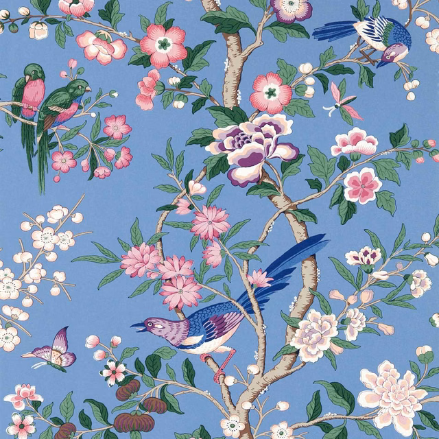 Blueberry blue Chinoiserie wallpaper with pink blossoms, birds, branches and plum accents