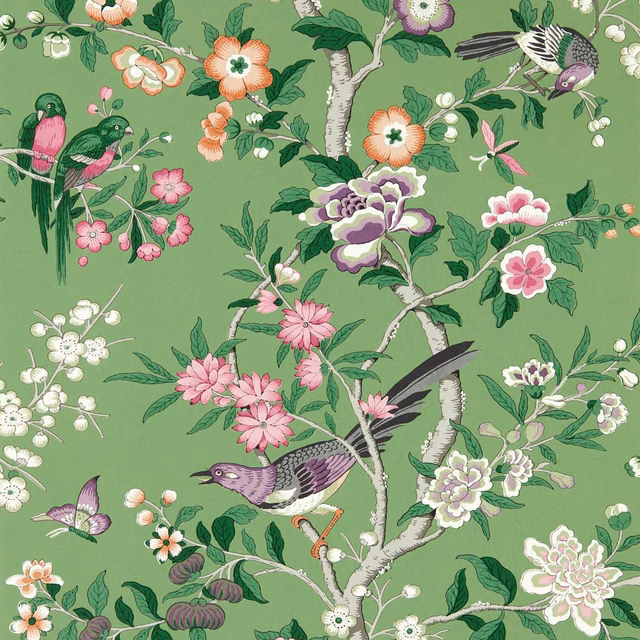 Chinese green wallpaper with lotus pink flowers, birds and pale flowering branches