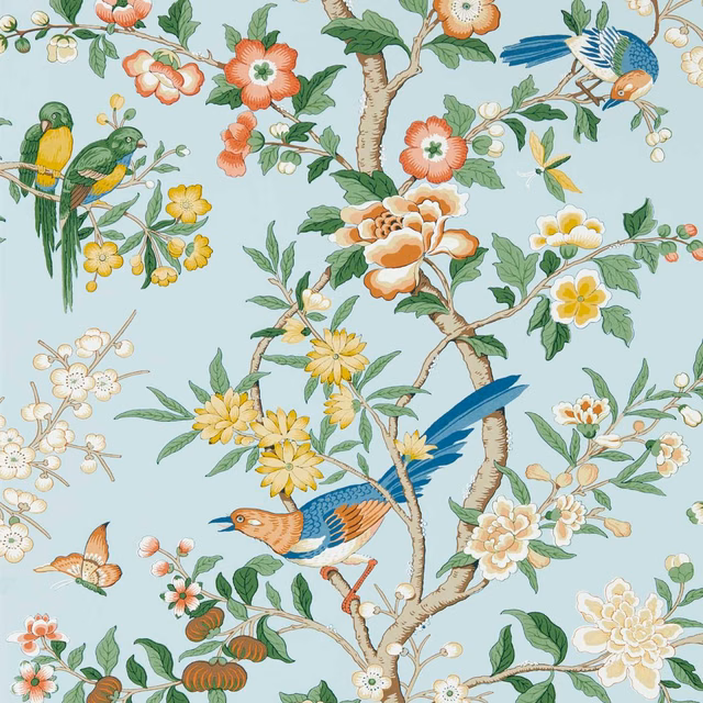 Pale dawn-blue wallpaper with persimmon blossoms, blue birds and branching chinoiserie foliage.
