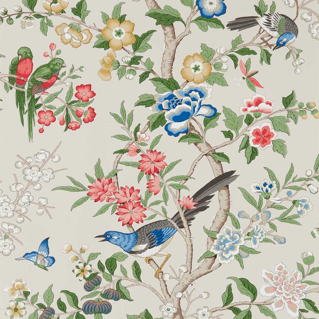 Pale linen wallpaper with sage branches, colourful birds and blue, coral flowers