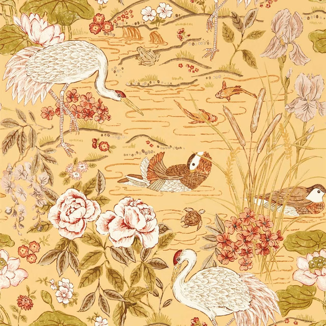 Honey and olive wallpaper with white cranes, pond birds, reeds and flowering botanicals