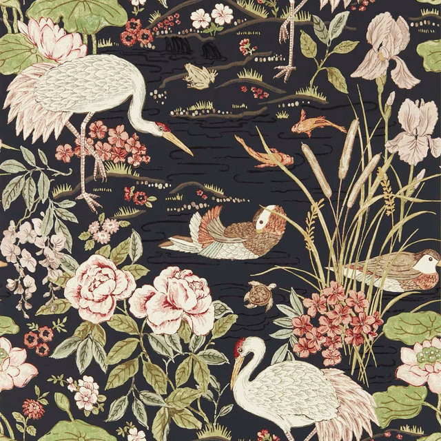 Ink-black wallpaper with cranes, water birds, pale blooms and trailing grasses