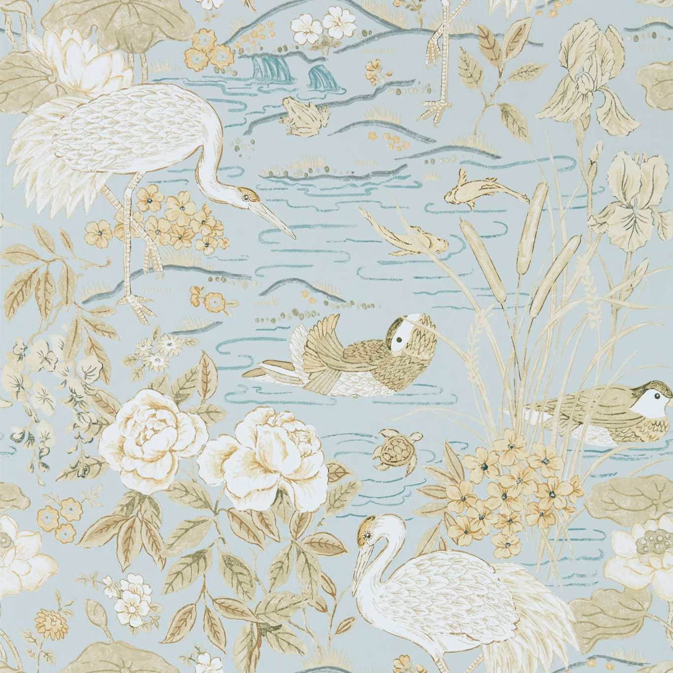 Pale sky-blue wallpaper with cream cranes, honey flowers, reeds and pond ripples