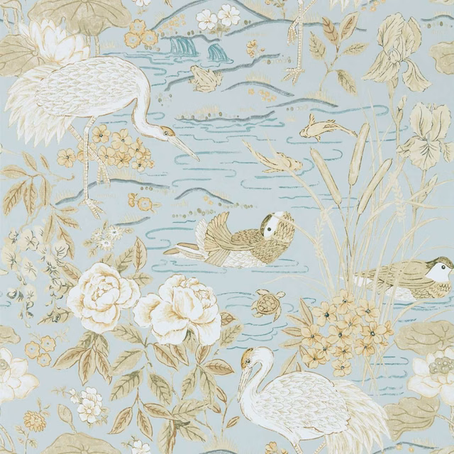 Pale sky-blue wallpaper with cream cranes, honey flowers, reeds and pond ripples
