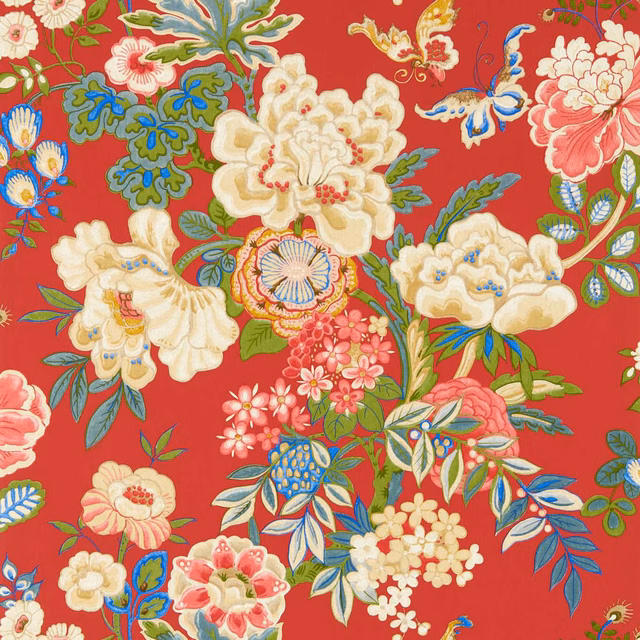 Cinnabar-red wallpaper with cream peonies, coral blossoms, blue birds and green foliage