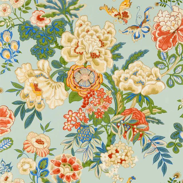 Pale jade wallpaper with apricot peonies, cream blooms, blue foliage and painted birds