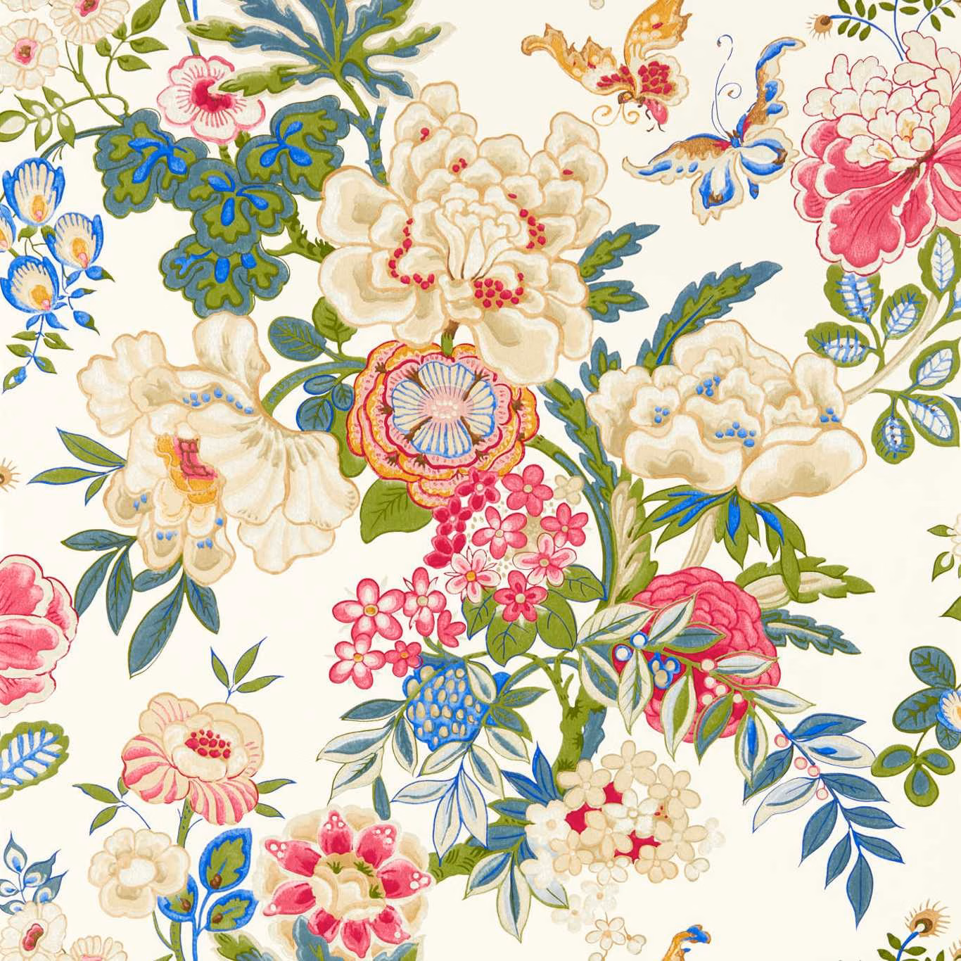Lotus-pink peonies and blue-green leaves on a warm ivory floral ground