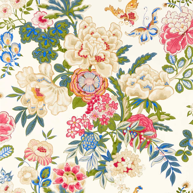 Lotus-pink peonies and blue-green leaves on a warm ivory floral ground