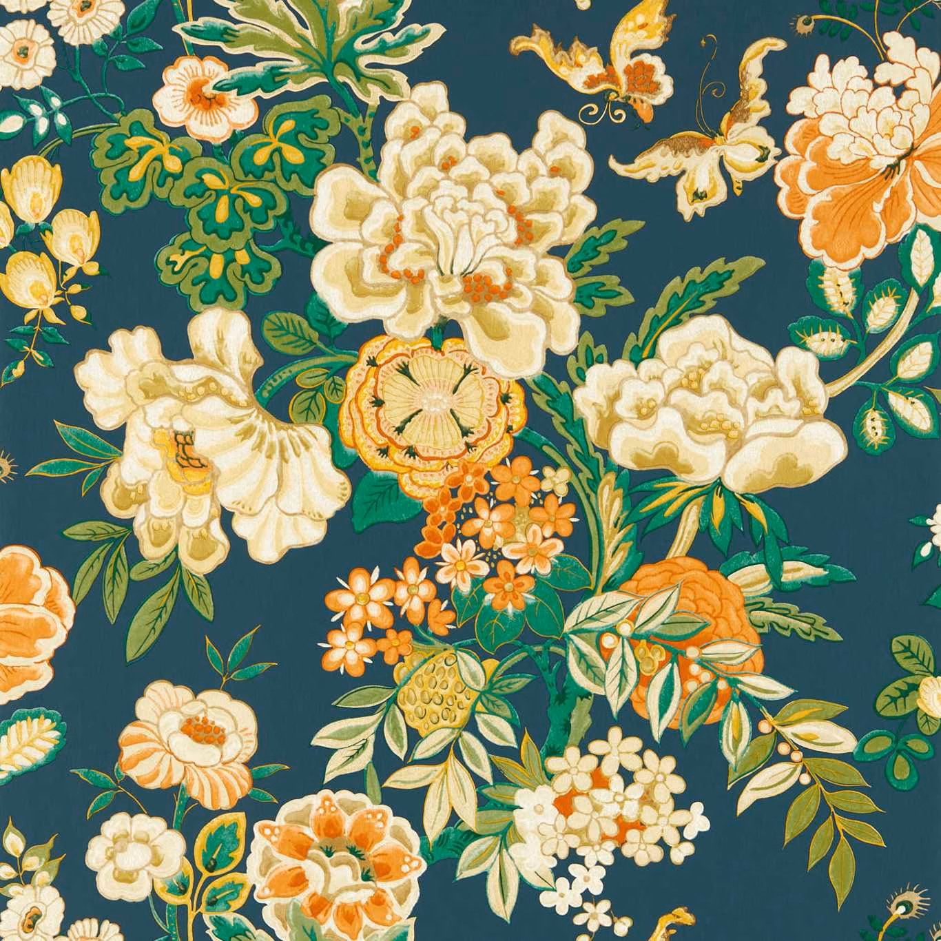 Midnight-teal wallpaper with cream peonies, apricot blooms and curling green foliage