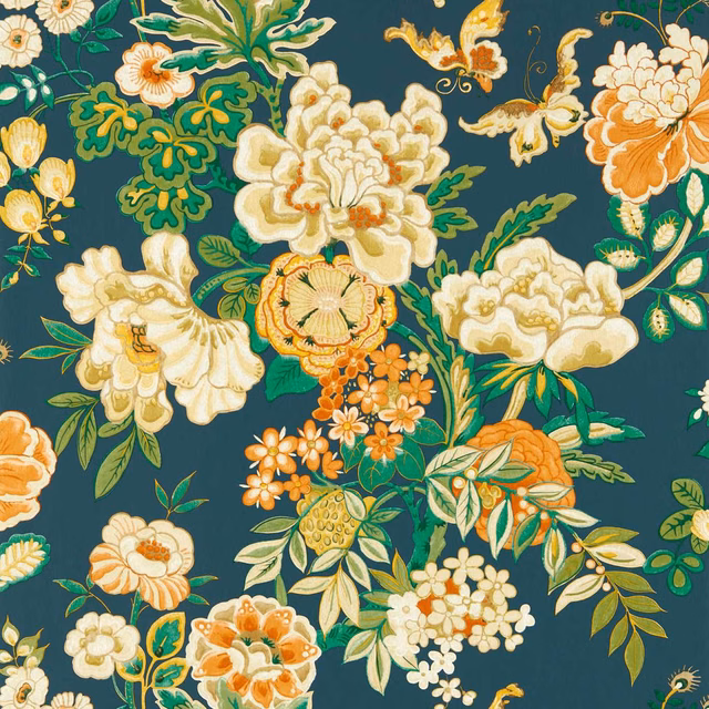 Midnight-teal wallpaper with cream peonies, apricot blooms and curling green foliage