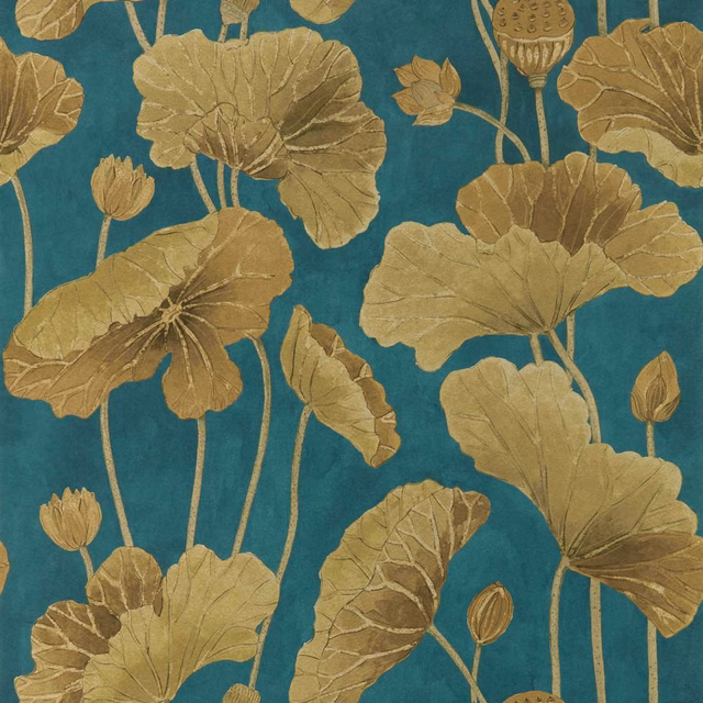 Deep teal wallpaper with oversized copper lotus leaves, stems and seed heads