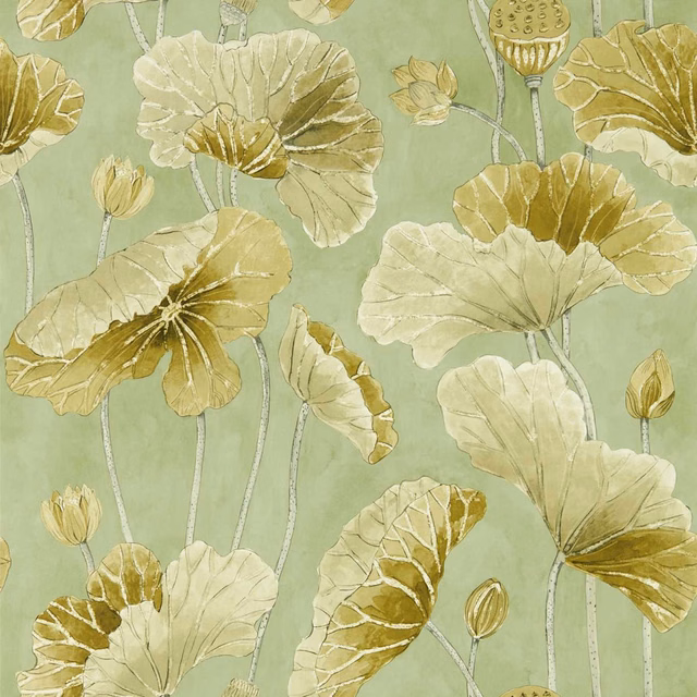 Muted olive wallpaper with large cream lotus leaves and olive-gold botanical shading