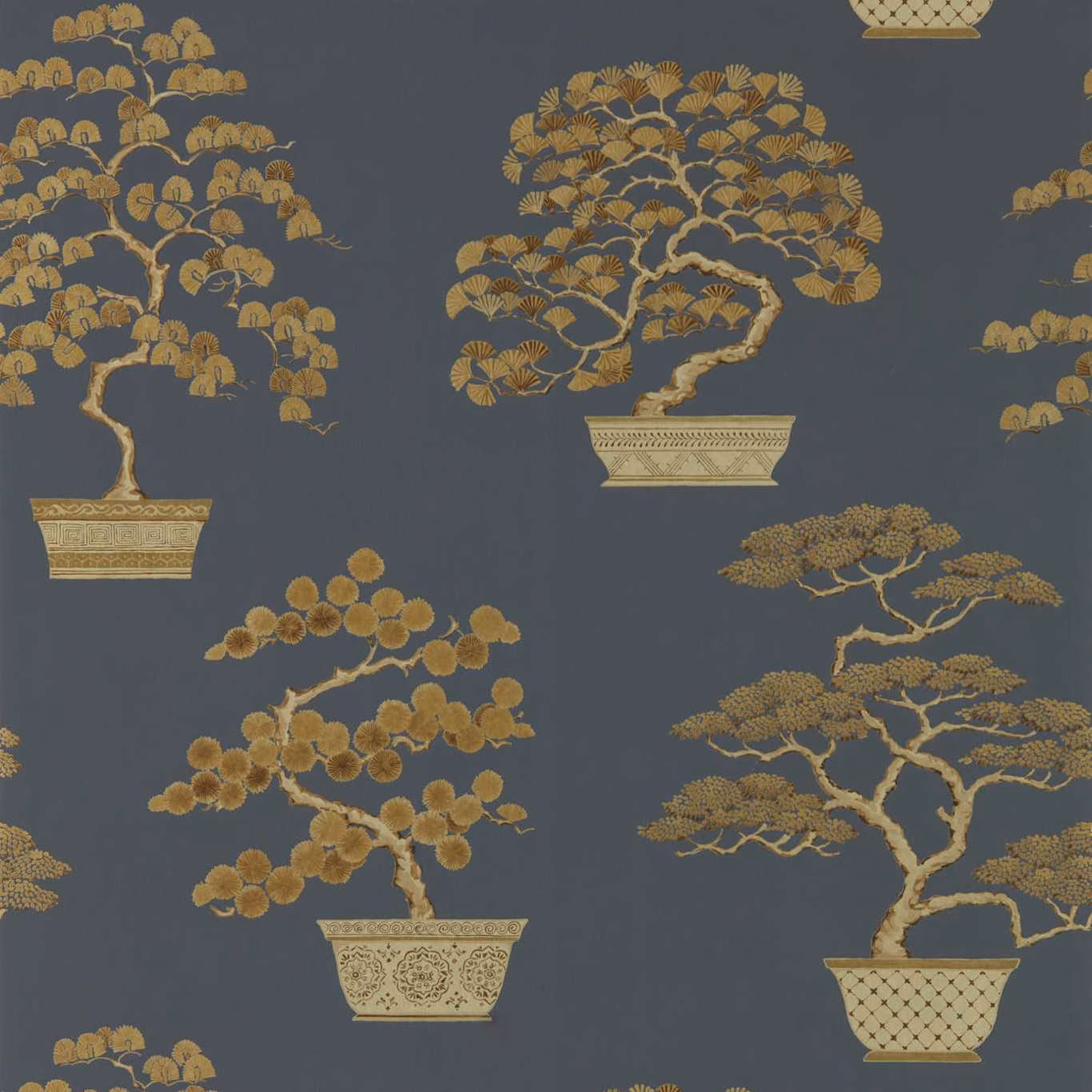 Ink-black wallpaper with antique-gold bonsai trees and patterned planters