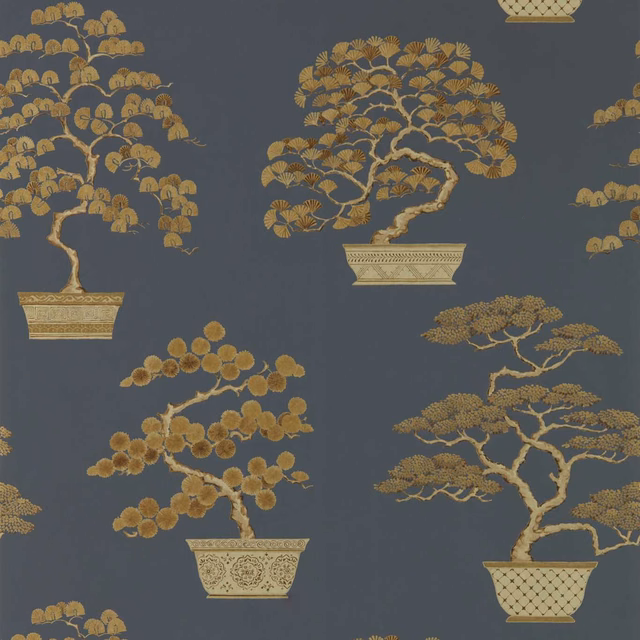 Ink-black wallpaper with antique-gold bonsai trees and patterned planters
