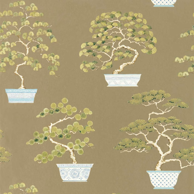 Muted olive wallpaper with pale bonsai trees, cream branches and patterned blue-white pots