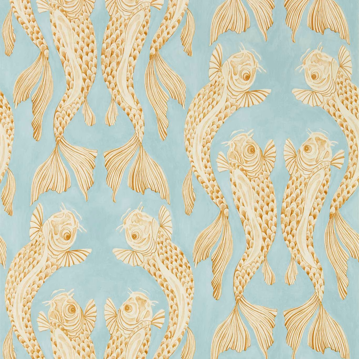 Cool aqua wallpaper with cream koi and warm persimmon-gold fish detailing