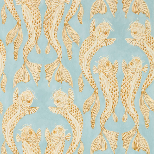 Cool aqua wallpaper with cream koi and warm persimmon-gold fish detailing
