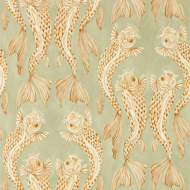 Pale sage wallpaper with cream-and-honey koi, flowing fins and fine outlined scales