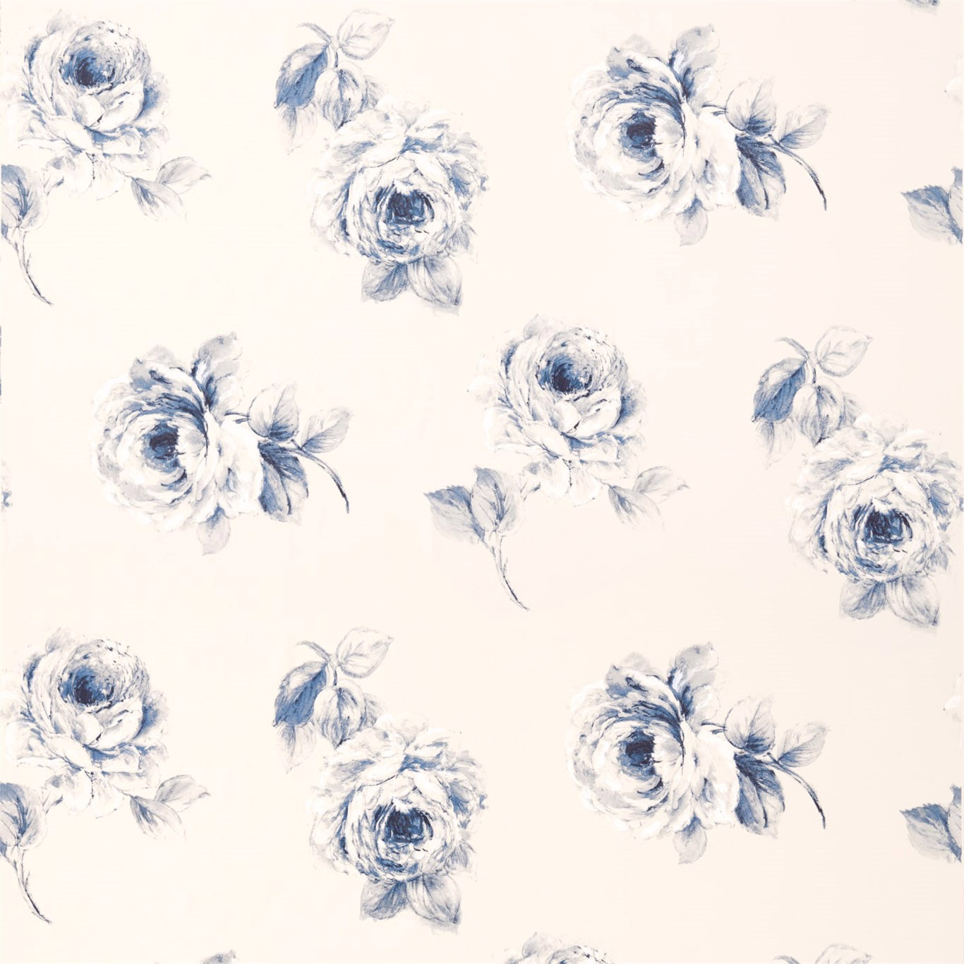 Painterly indigo rose print on a warm ivory ground
