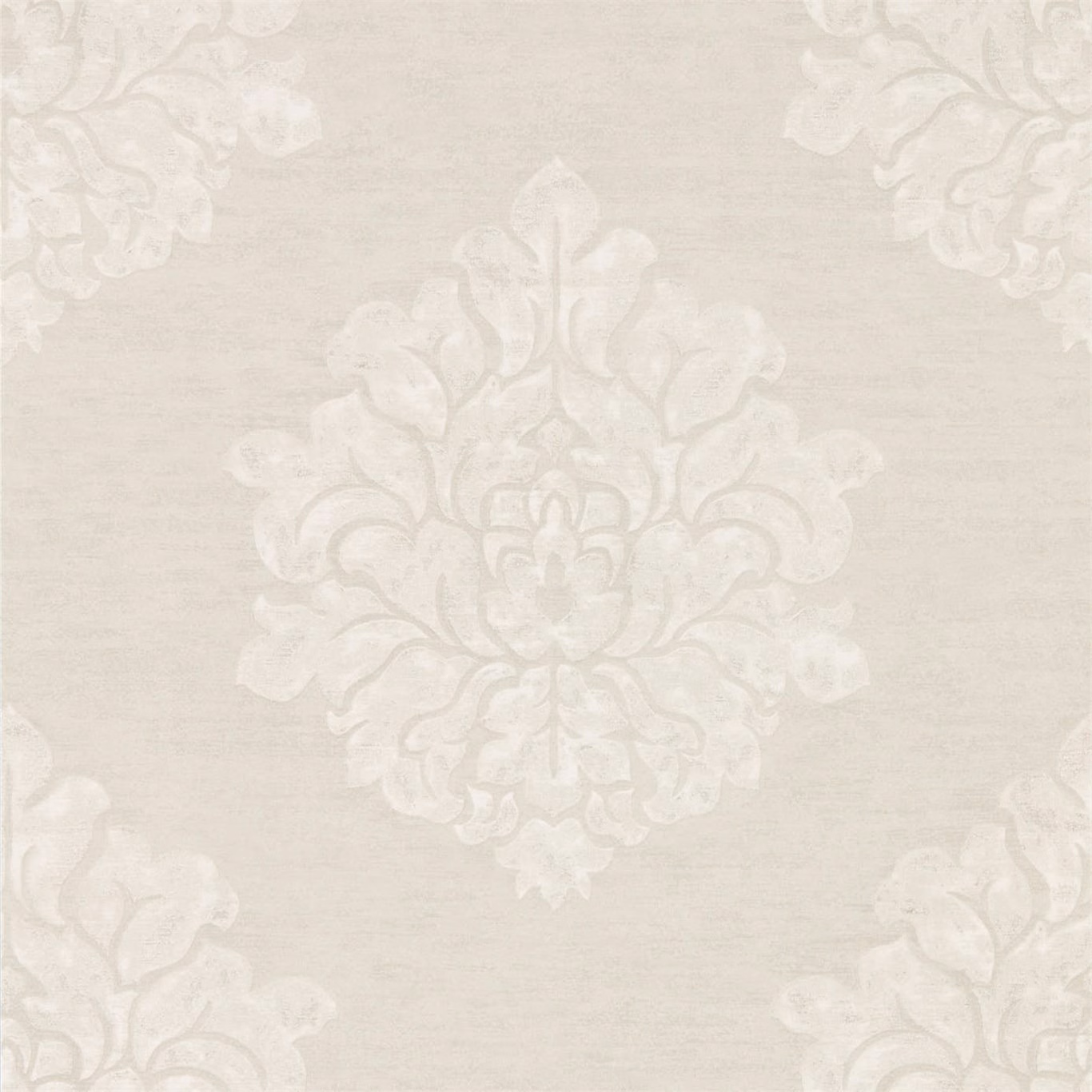 Pale ivory damask medallions on a softly striated warm ivory wallpaper ground