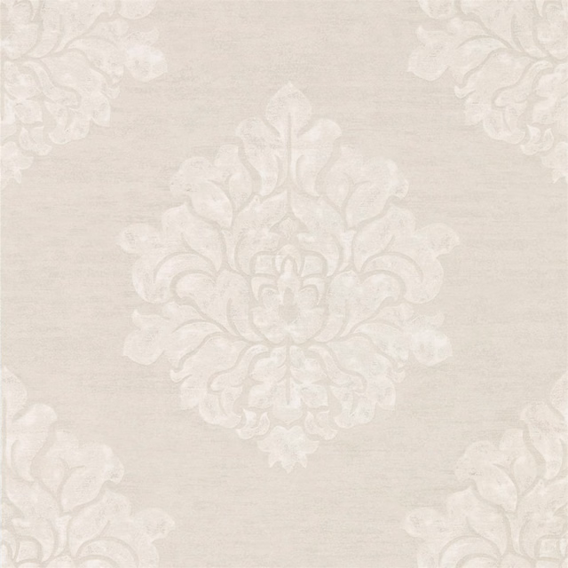 Pale ivory damask medallions on a softly striated warm ivory wallpaper ground